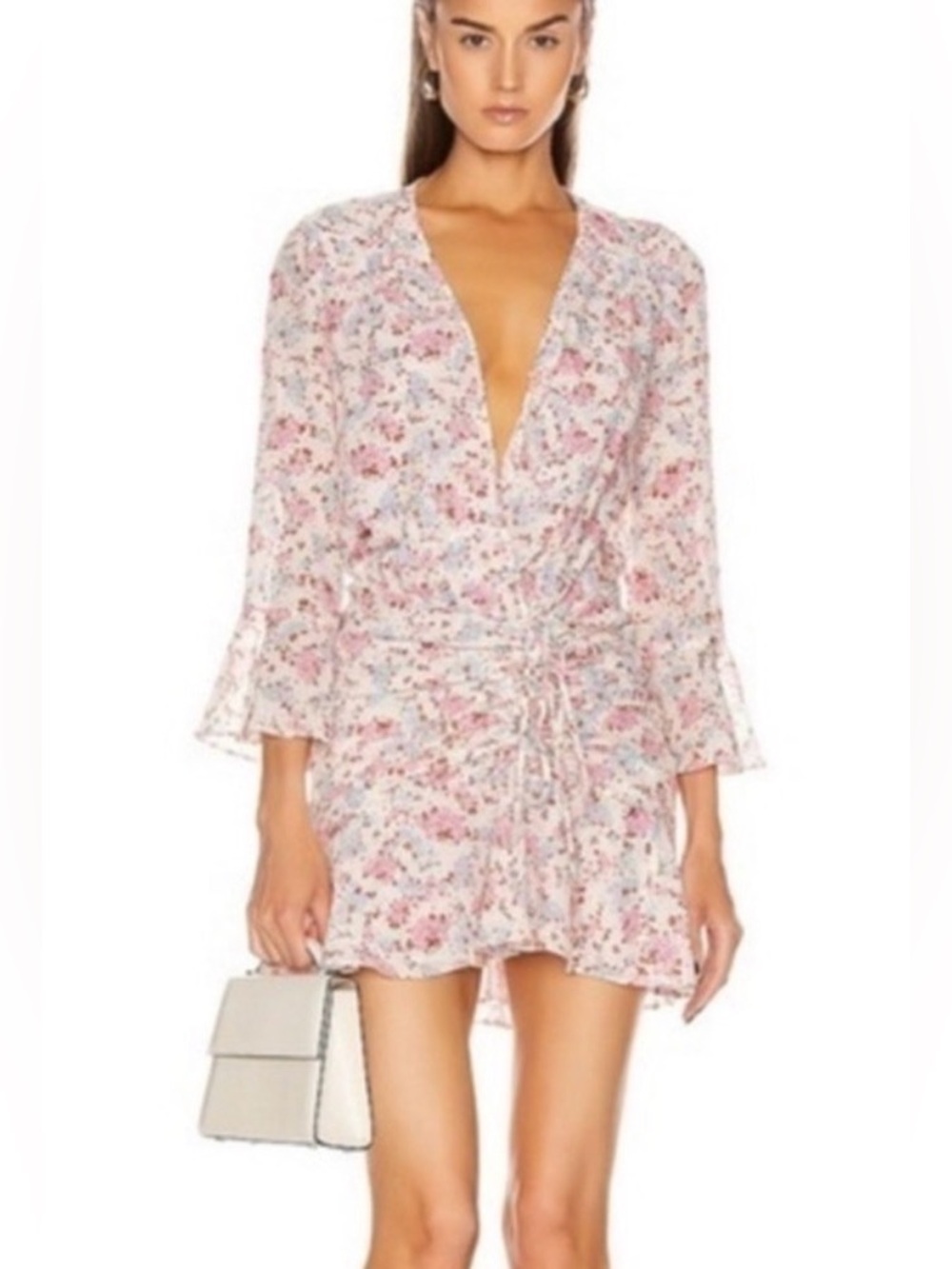 Veronica Beard Sean Pink Floral V-Neck Faux Wrap Mini Dress Ruffle Skirt P13